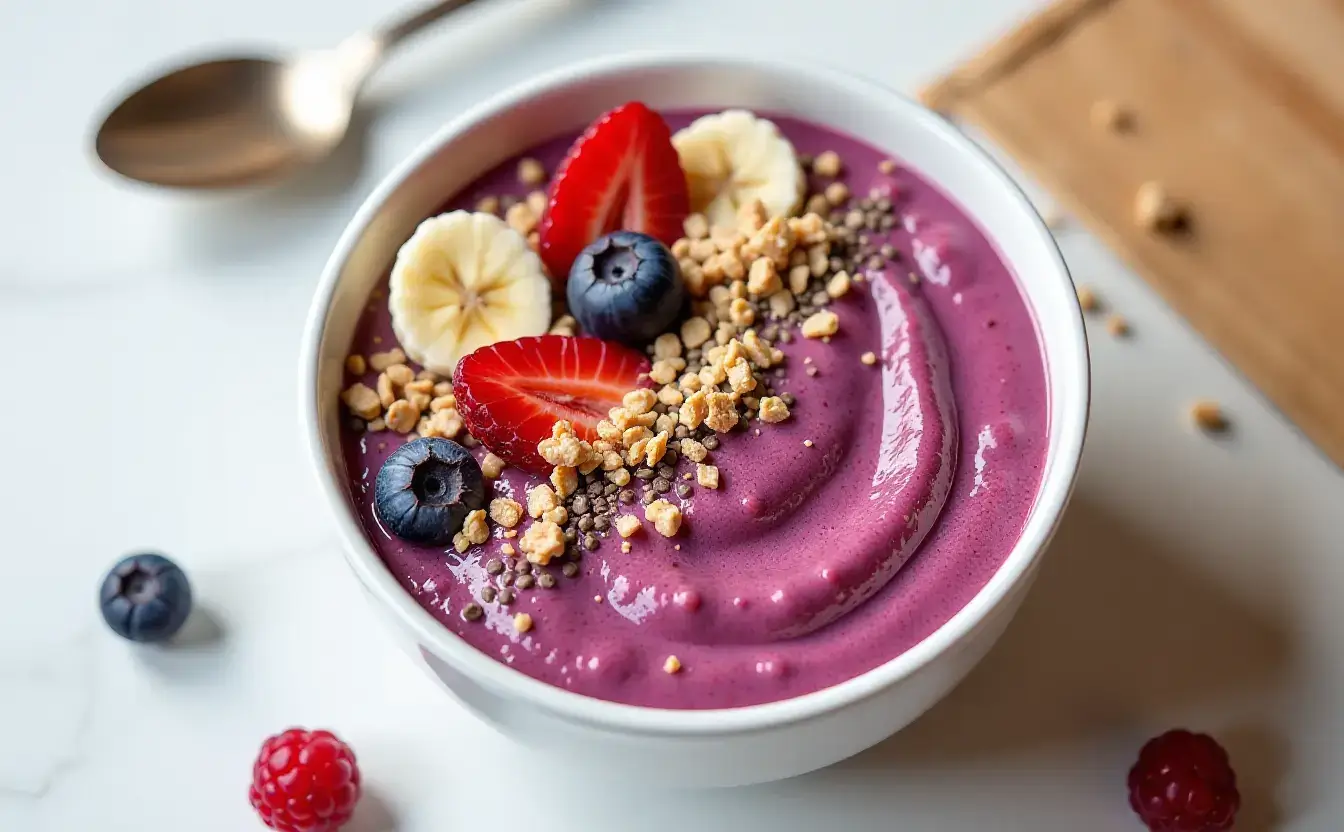 Top view of a creamy purple açaí bowl, garnished with banana slices, fresh strawberries, blueberries, chia seeds, and crunchy granola, placed on a light wooden surface