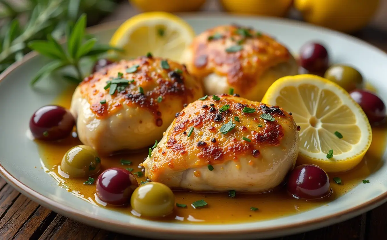 A Mediterranean dinner table featuring Lemon Chicken & Olives, surrounded by fresh salad, pita bread, and couscous.