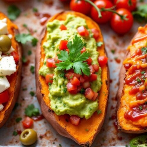 Crispy sweet potato skins with feta, guacamole, and spicy jalapeño sauce.