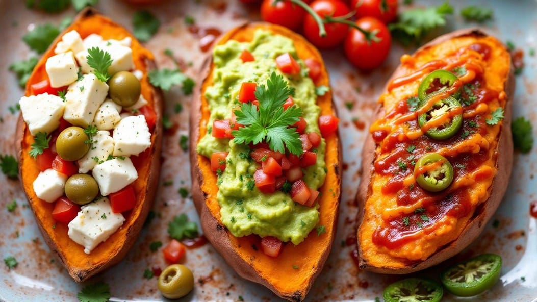 Crispy sweet potato skins with feta, guacamole, and spicy jalapeño sauce.