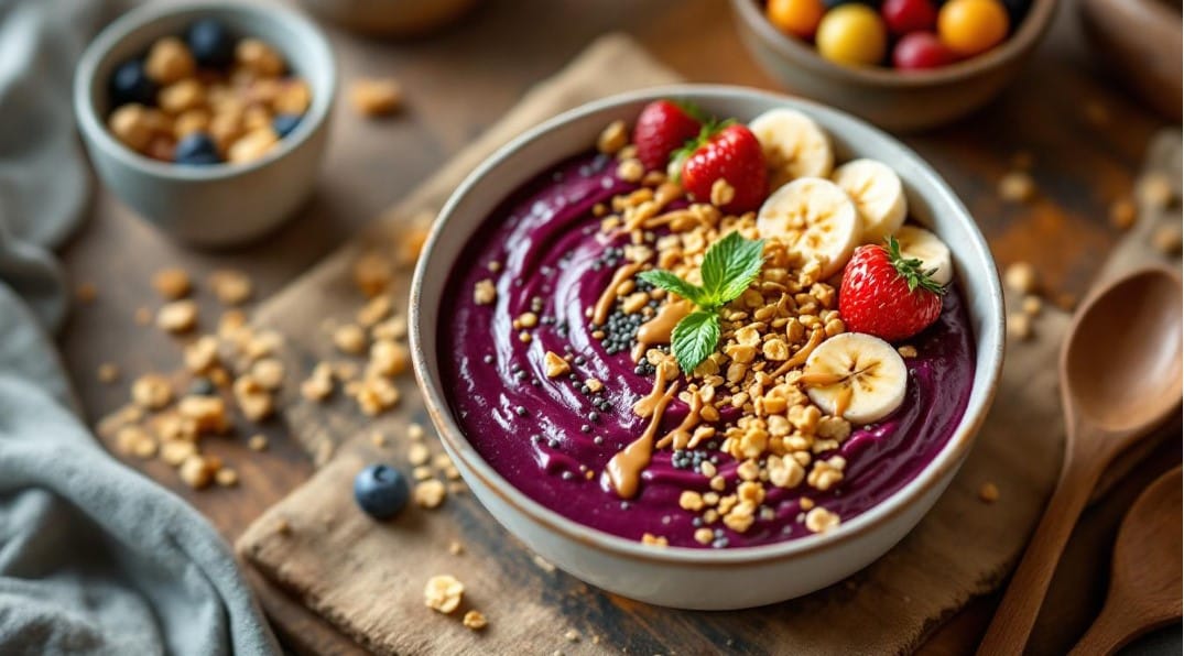 Açaí bowl with a purple base, banana slices, strawberries, and granola.