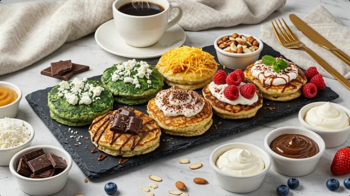 A rectangular platter of keto pancakes arranged on a slate or marble base, featuring savory pancakes (spinach-feta, chicken-cheddar) and sweet pancakes (tiramisu, chocolate-raspberry, strawberry-cream), surrounded by bowls of various toppings and sauces, set against a minimalist and elegant background.
