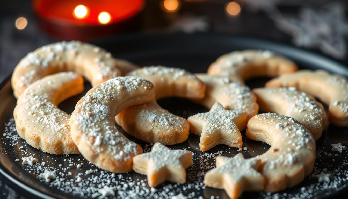 Crescent moon-themed recipes USA cookies on dark plate with star sprinkles