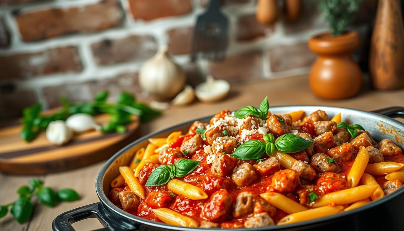A hearty one-pot sausage pasta dish set against a rustic kitchen backdrop. In the foreground, a large pot filled with al dente penne pasta, bite-sized sausage morsels, and vibrant red tomato sauce. Sprinkled throughout, fresh basil leaves and grated Parmesan cheese. Soft, indirect lighting casts a warm, inviting glow over the scene. In the middle ground, a wooden cutting board with a few remaining ingredients - sliced onions, garlic cloves, and a sprig of oregano. The background reveals a weathered, exposed brick wall adorned with simple kitchen utensils, creating a cozy, homestyle atmosphere perfect for a wholesome summer meal.