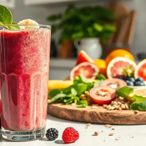 Blood Sugar Balancing Smoothie with spinach, chia seeds, and berries