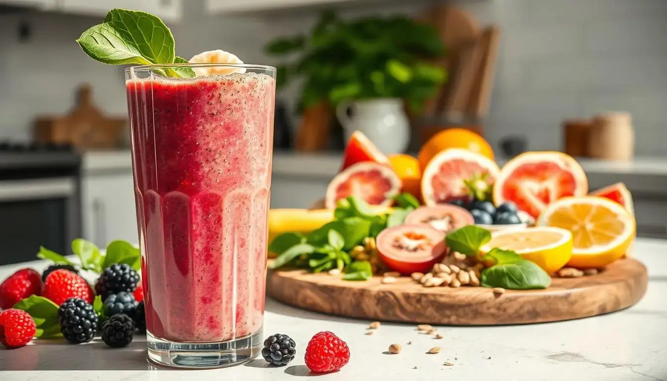 Blood Sugar Balancing Smoothie with spinach, chia seeds, and berries