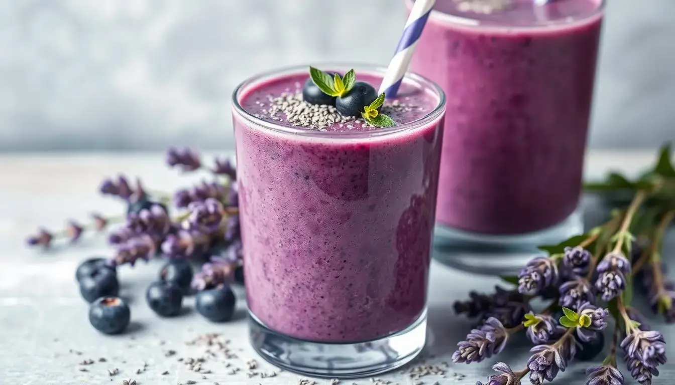 A vibrant purple smoothie made with blueberries, lavender, oat milk, and chia seeds, served in a glass with a creamy texture.