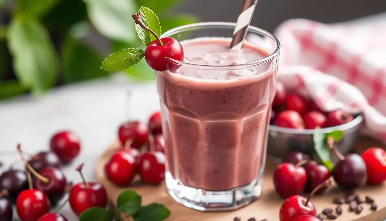 A rich red smoothie made with sweet cherries and raw cacao, served in a glass with a creamy texture and a natural energizing boost.