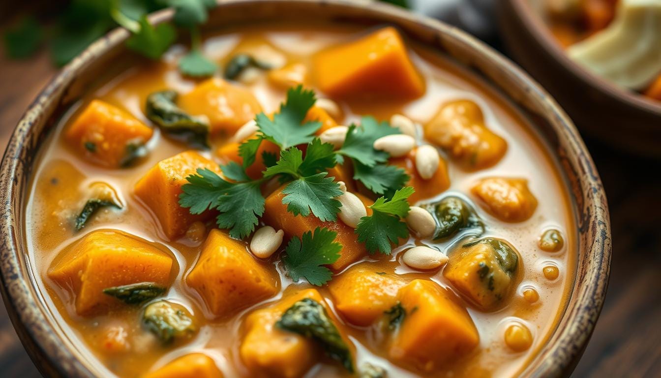 Creamy Sweet Potato Peanut Stew Vegan served in a bowl with fresh herbs