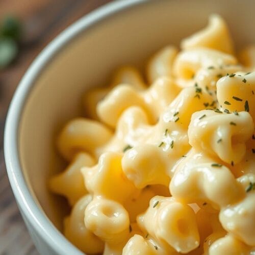 Creamy cauliflower mac and cheese with hidden veggies in a white bowl