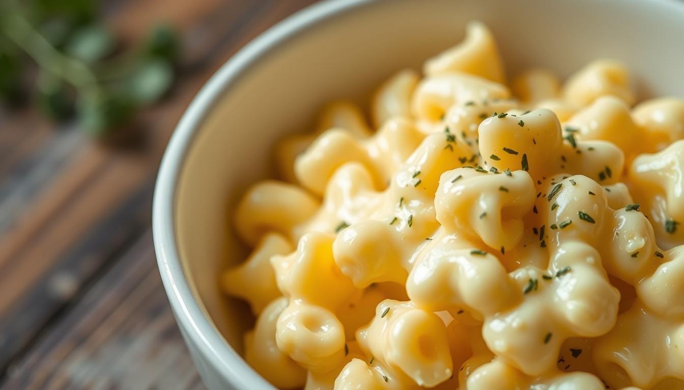 Creamy cauliflower mac and cheese with hidden veggies in a white bowl