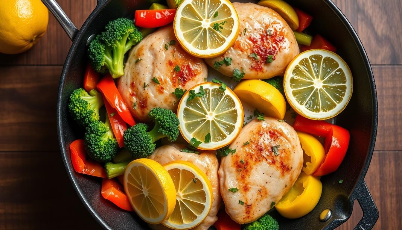 Easy one-pan chicken dinners 20 minutes - Lemon Garlic Chicken with colorful vegetables in a skillet