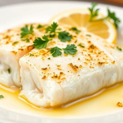 Garlic butter baked cod on a white plate with lemon slices and fresh herbs