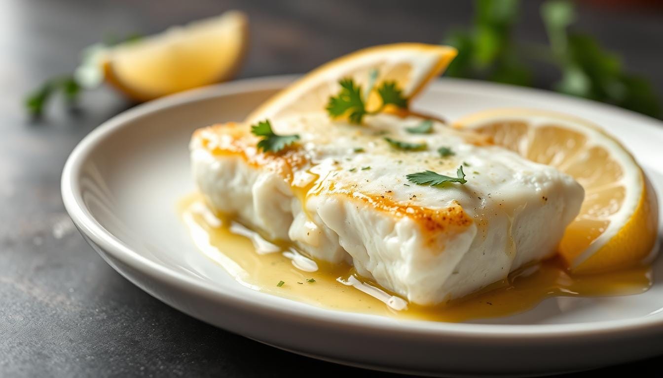 Garlic butter baked cod on a white plate with lemon wedges and fresh herbs