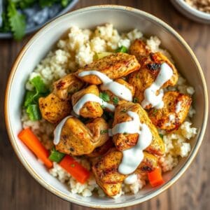Healthy New York street food lunch inspired halal cart chicken bowl