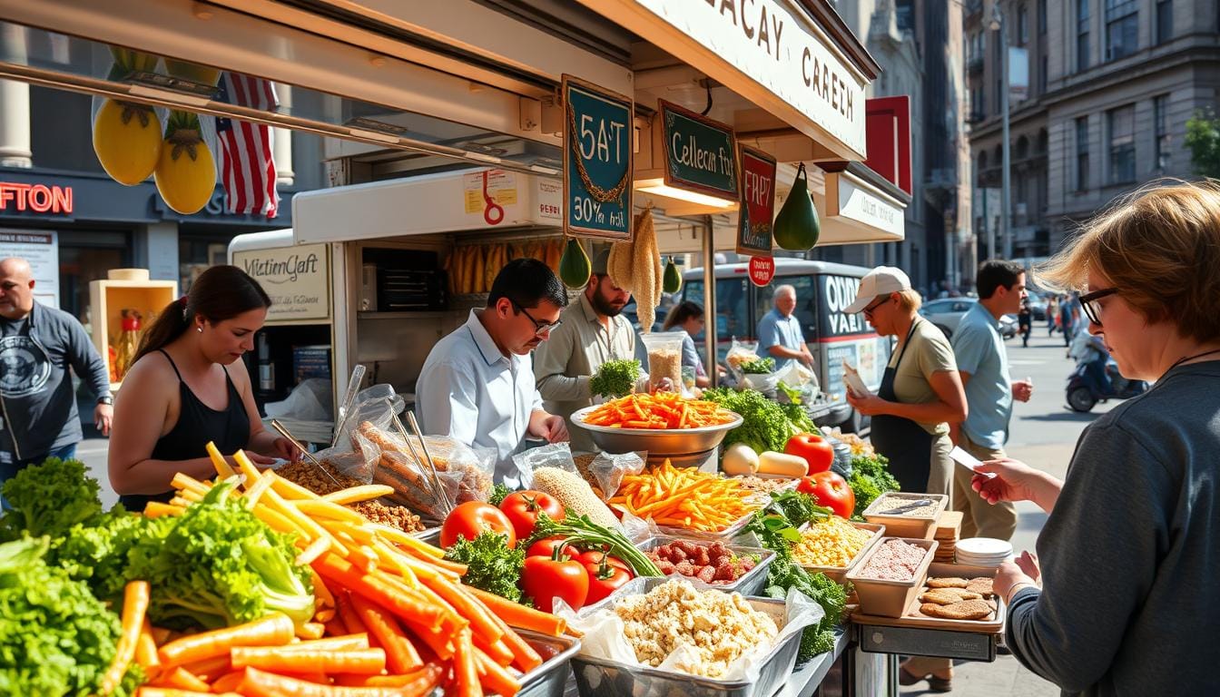 Healthy New York street food lunch vendors serving fresh ingredients