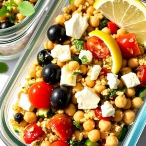 Mediterranean quinoa salad in a meal prep container