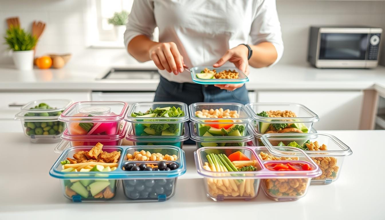 Person preparing multiple healthy lunch containers for the work week