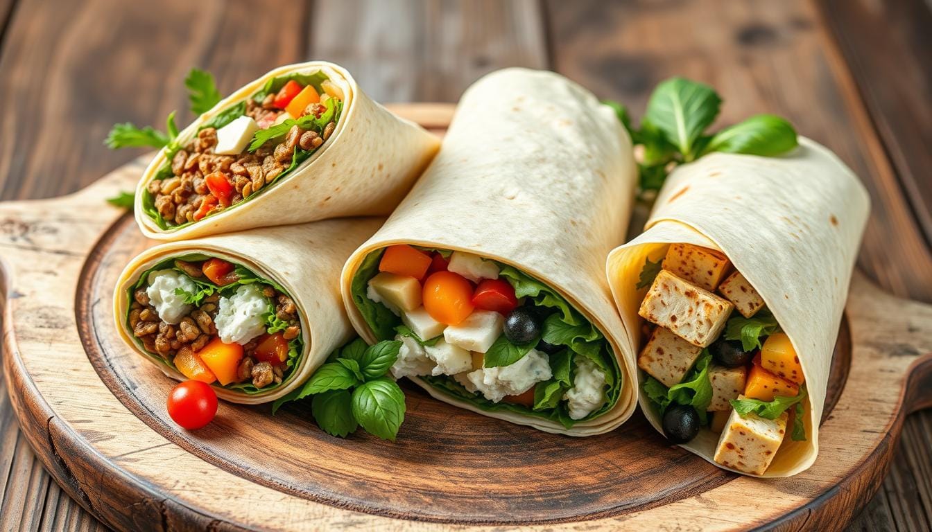 Protein-packed wraps with various fillings arranged on a wooden board