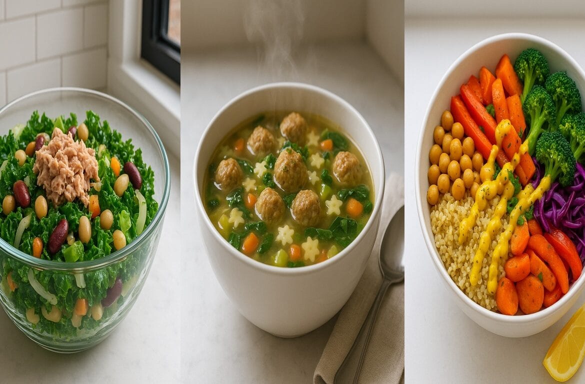 Quick healthy lunch recipes in glass containers on a modern kitchen counter with natural light.