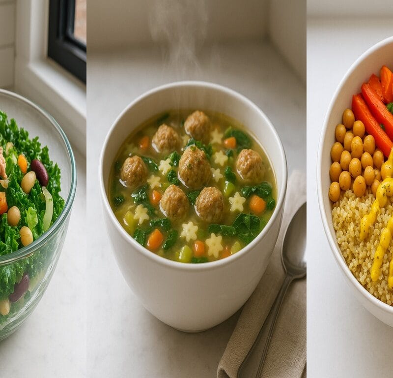 Quick healthy lunch recipes in glass containers on a modern kitchen counter with natural light.