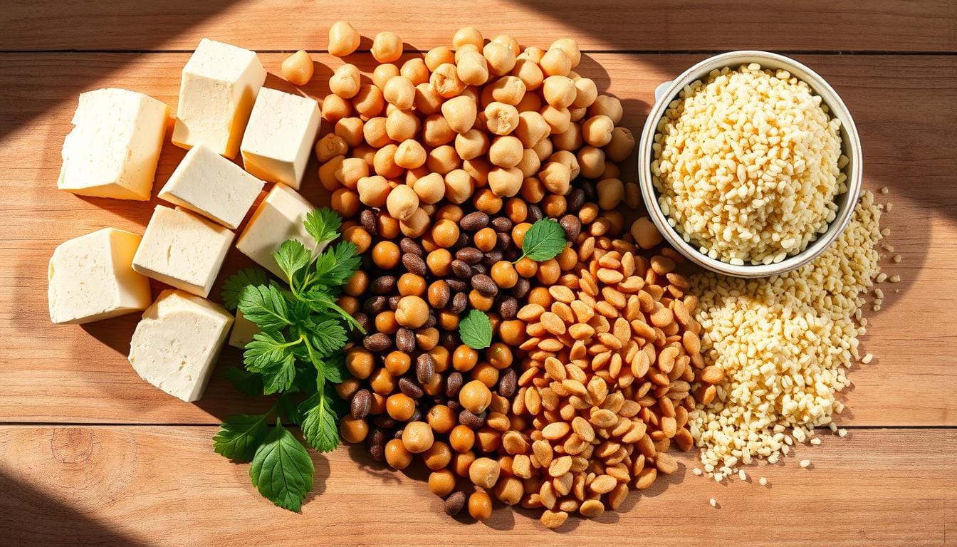 Various high-protein vegan breakfast ingredients including tofu, chickpeas, lentils, and quinoa arranged on a wooden table