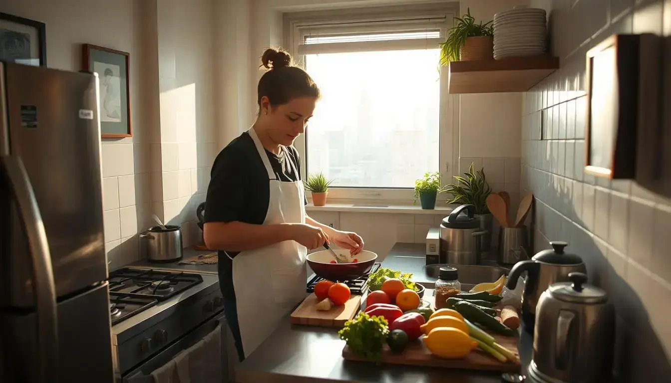 Person preparing quick and healthy breakfast in small NYC apartment kitchen with Quick and Healthy Breakfast Recipes NYC