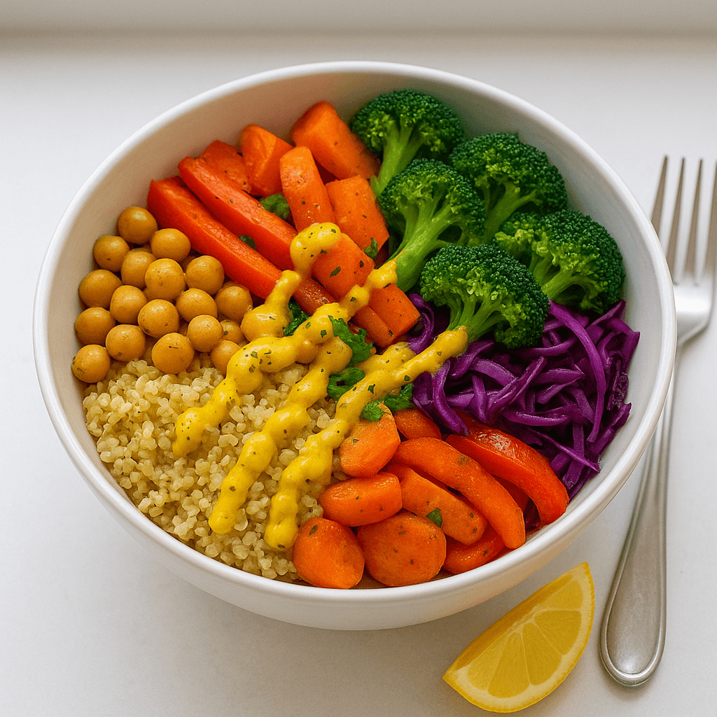 Golden turmeric-dressed quinoa bowl with roasted veggies, chickpeas, and Greek yogurt dressing in a portable container – a plant-powered 8-minute anti-inflammatory NYC desk lunch.