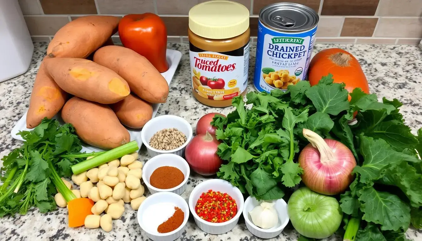 Ingredients for vegan sweet potato peanut stew, including sweet potatoes, chickpeas, peanut butter, and kale, arranged on a countertop
