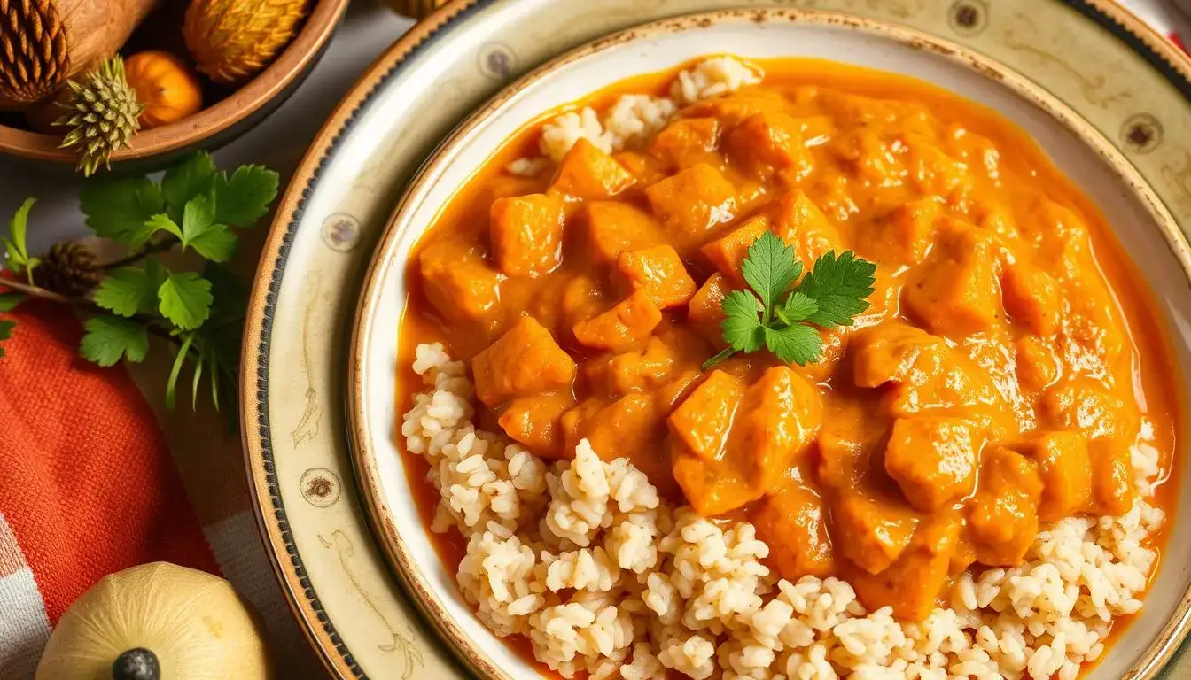 Vegan sweet potato peanut stew variation with added carrots and quinoa, served in a rustic bowl.