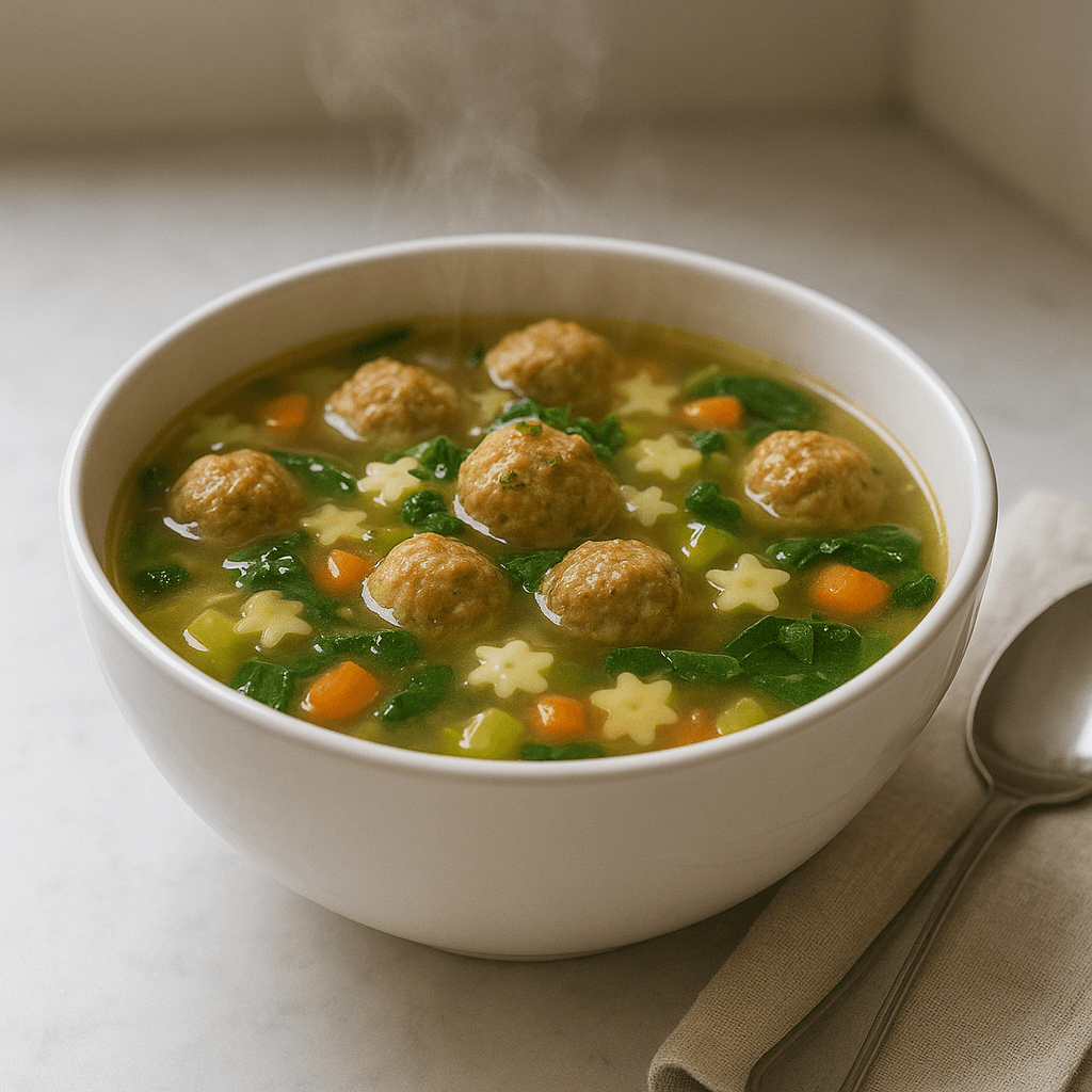 Cozy one-pot turkey mini meatball and star pasta soup in a white bowl with fresh parsley, made in 15 minutes – a comforting, low-sodium NYC lunch for chilly fall workdays.