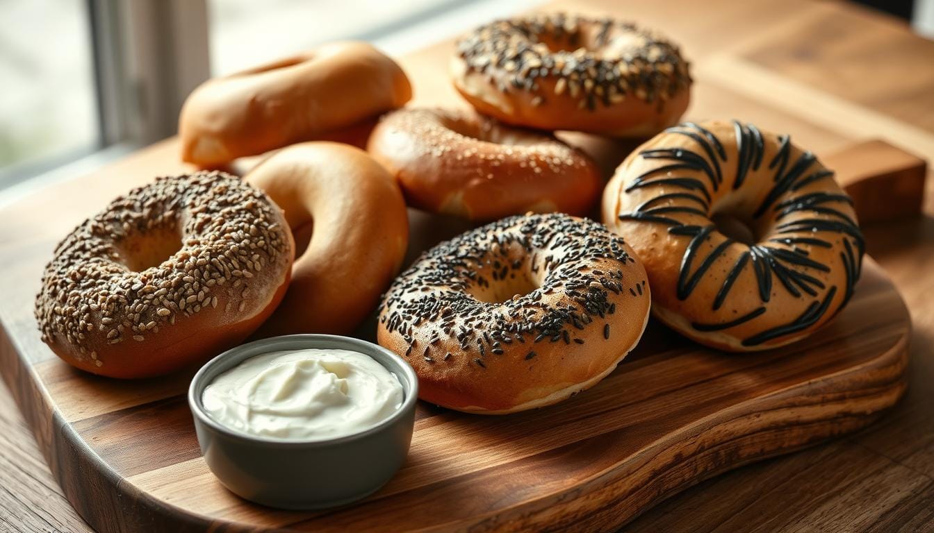 Assortment of freshly baked NYC breakfast bagel recipes on wooden board