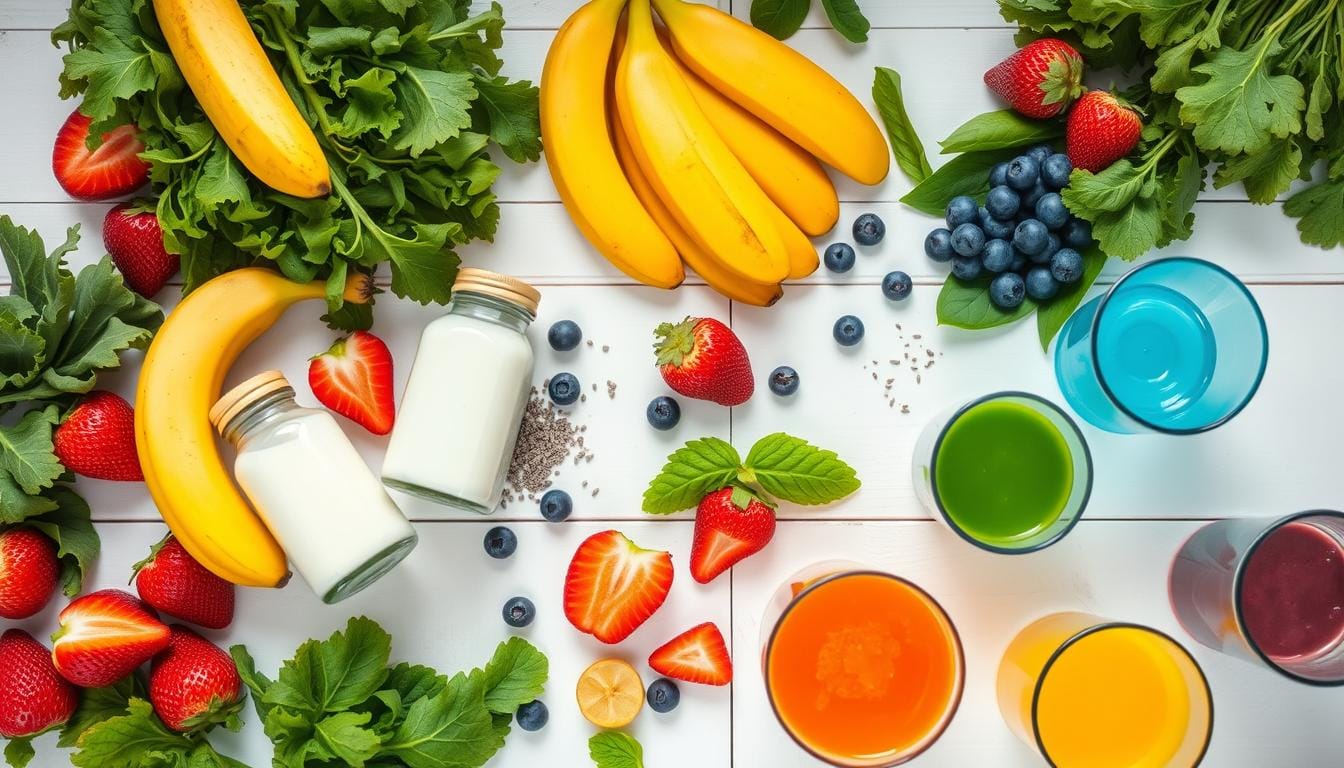 Vegan Smoothie Recipes Colorful array of vegan smoothie ingredients including fresh fruits, leafy greens, and plant-based milk alternatives