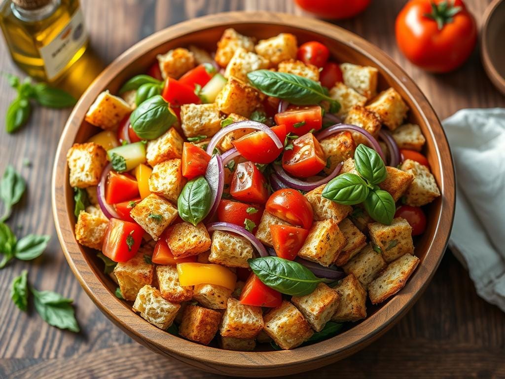 Creative Uses for Stale Bread Fresh Italian panzanella salad made with stale bread cubes and fresh vegetables