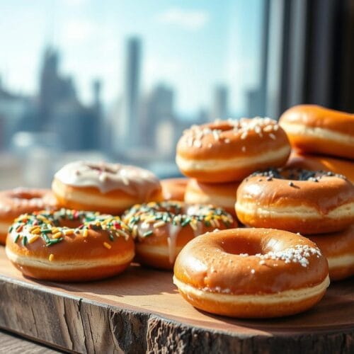 Freshly baked NYC-style doughnuts on a cooling rack with Brooklyn skyline in the background.