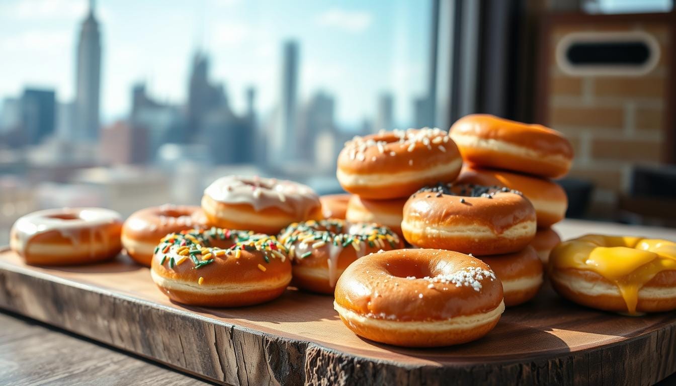 Freshly baked NYC-style doughnuts on a cooling rack with Brooklyn skyline in the background.