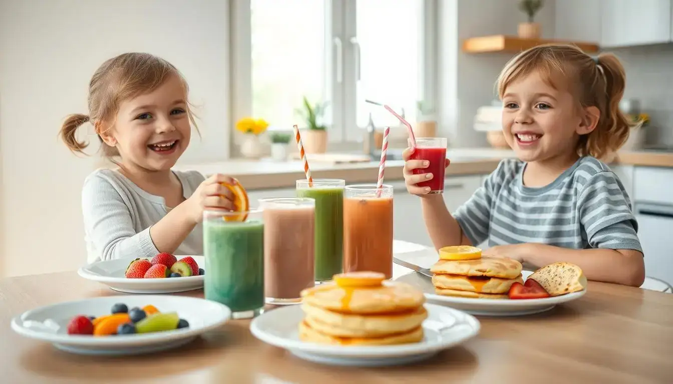 Easy breakfast recipes for kids – healthy colorful breakfast table with yogurt parfait, muffins, and pancakes