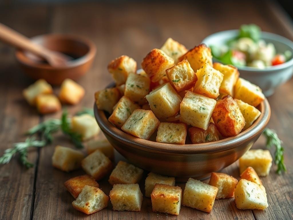 Homemade garlic croutons made from stale bread cubes