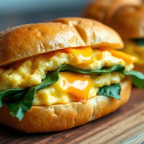 Classic New York Style Breakfast Sandwich with egg, cheddar, and spinach on a brioche bun