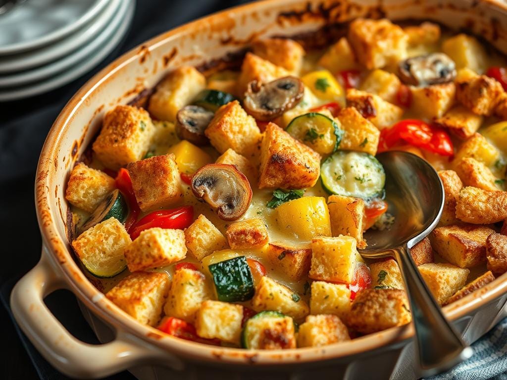 Creative Uses for Stale Bread Savory bread pudding with seasonal vegetables made from stale bread