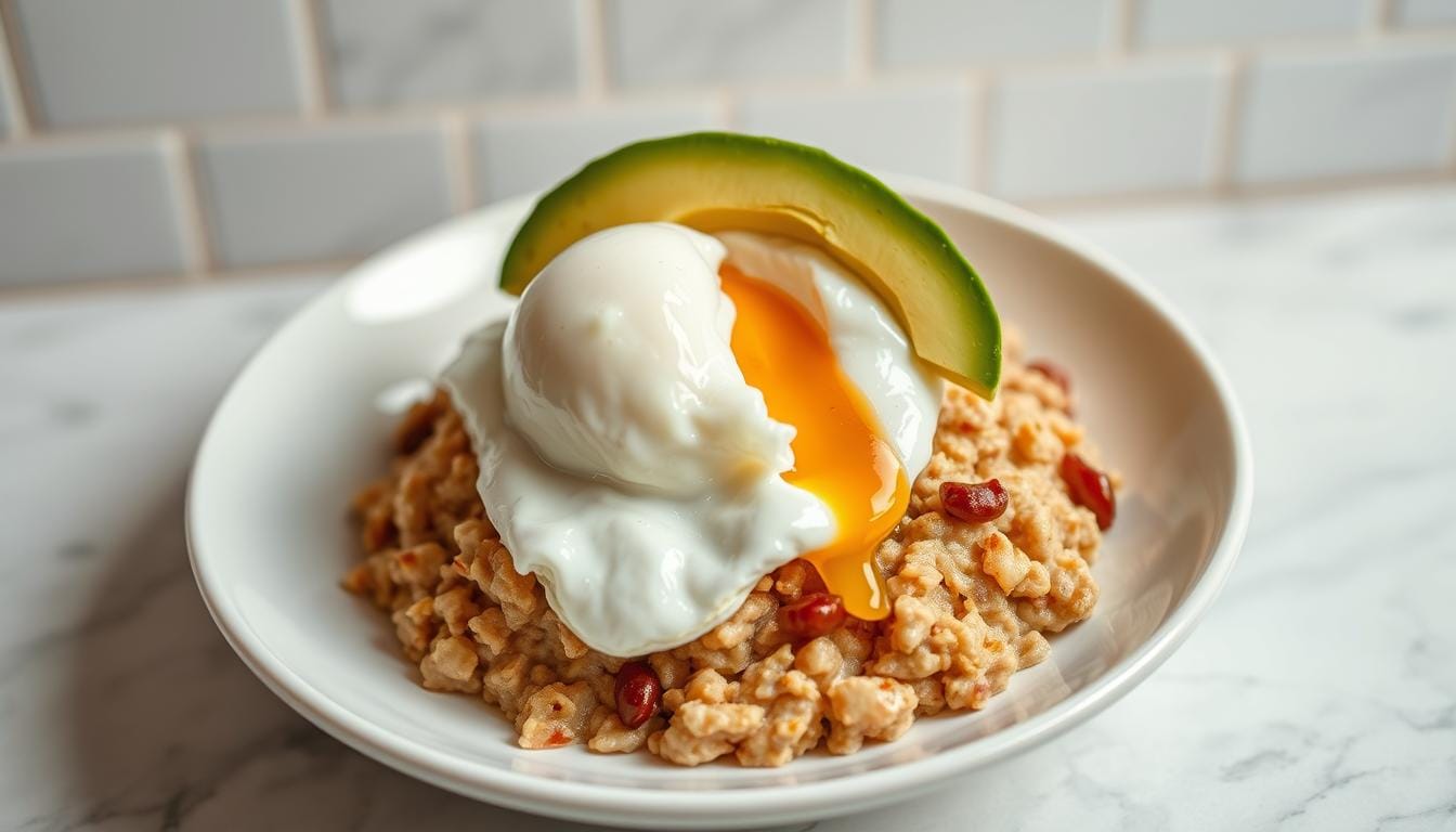 Savory oatmeal bowl with avocado and egg on a minimalist white plate against subway tile background
