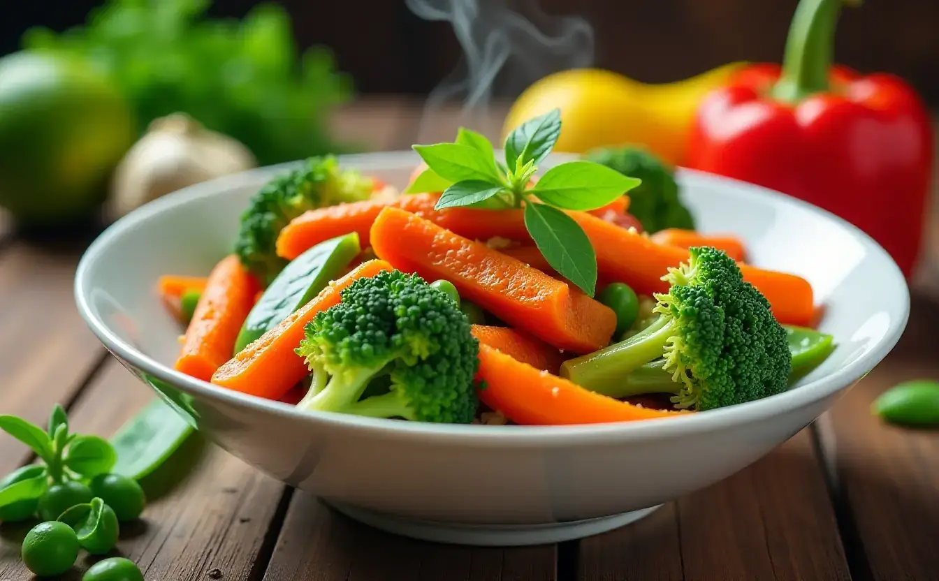 a bowl of NYC Veggie Stir Fry and broccoli