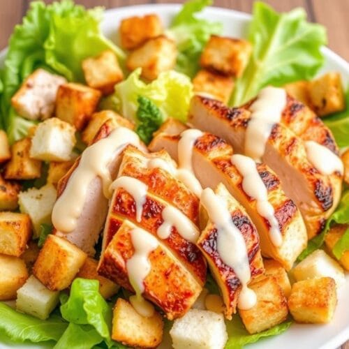 Colorful Chicken Caesar Salad in a white bowl, topped with Parmesan and croutons
