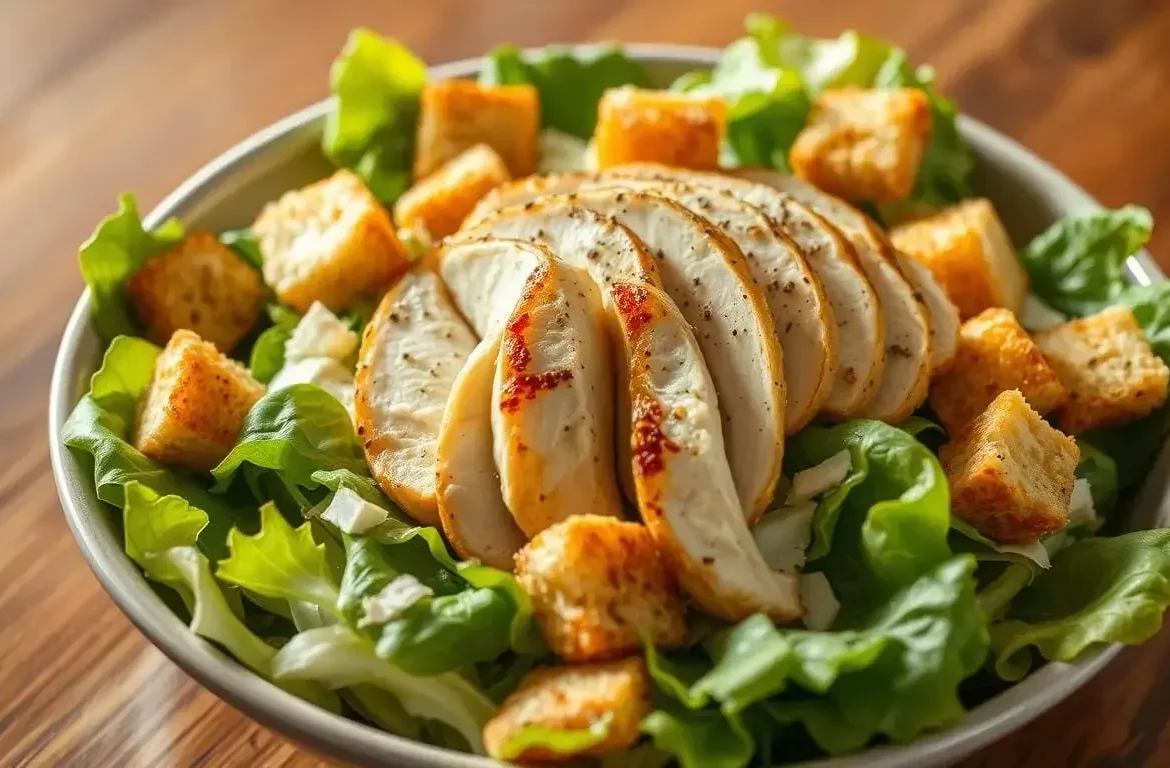 Classic Chicken Caesar Salad served with crispy romaine lettuce, grilled chicken, creamy Caesar dressing, and crunchy croutons.