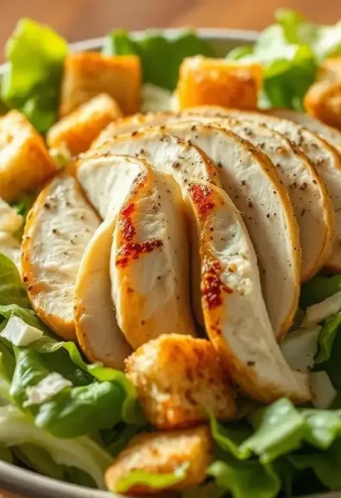 Classic Chicken Caesar Salad served with crispy romaine lettuce, grilled chicken, creamy Caesar dressing, and crunchy croutons.