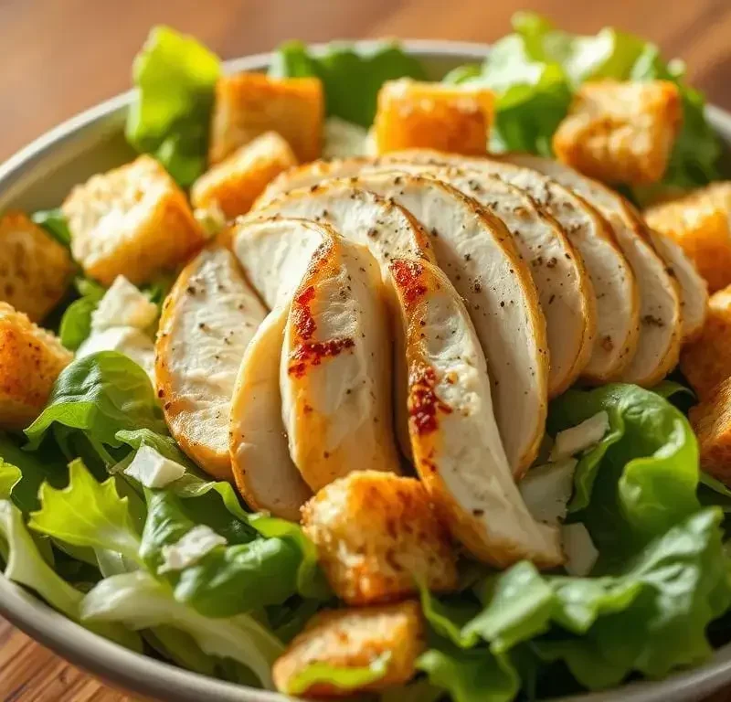 Classic Chicken Caesar Salad served with crispy romaine lettuce, grilled chicken, creamy Caesar dressing, and crunchy croutons.
