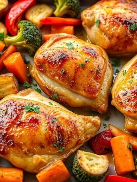 Golden roasted chicken with broccoli, bell peppers, and onion on a sheet pan for quick dinner recipes for families.