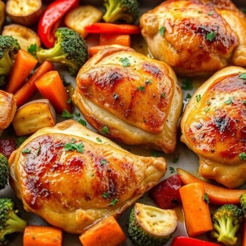 Golden roasted chicken with broccoli, bell peppers, and onion on a sheet pan for quick dinner recipes for families.