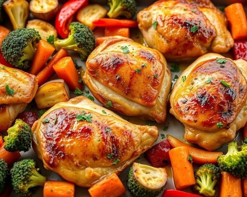 Golden roasted chicken with broccoli, bell peppers, and onion on a sheet pan for quick dinner recipes for families.