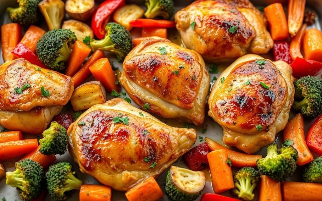 Golden roasted chicken with broccoli, bell peppers, and onion on a sheet pan for quick dinner recipes for families.